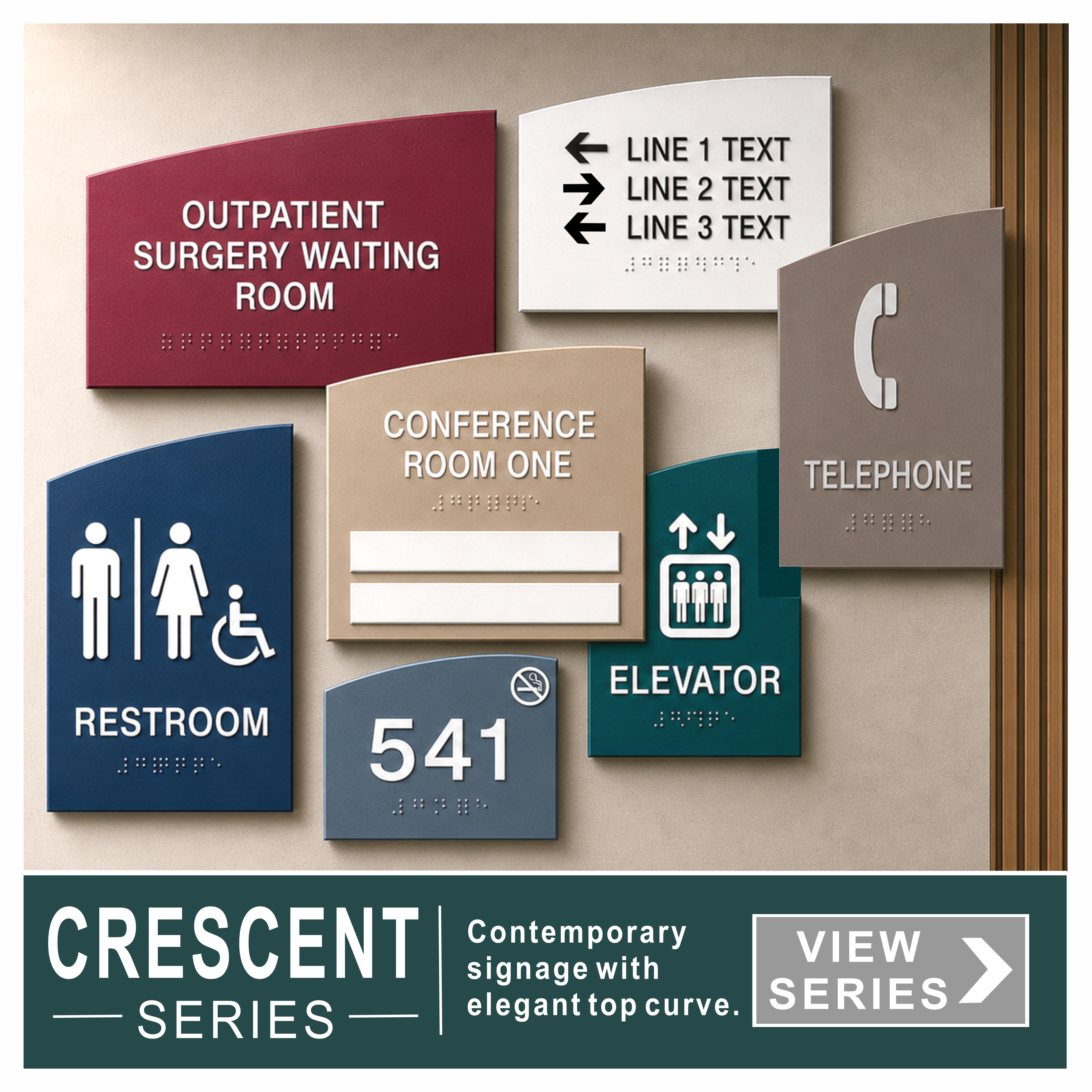 Crescent ADA braille Sign Series with elegant top curve.
